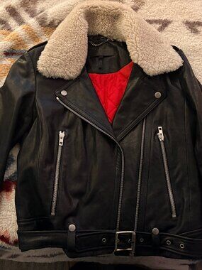 Rag & Bone Mackenzie Leather Biker Jacket Shearling Collar